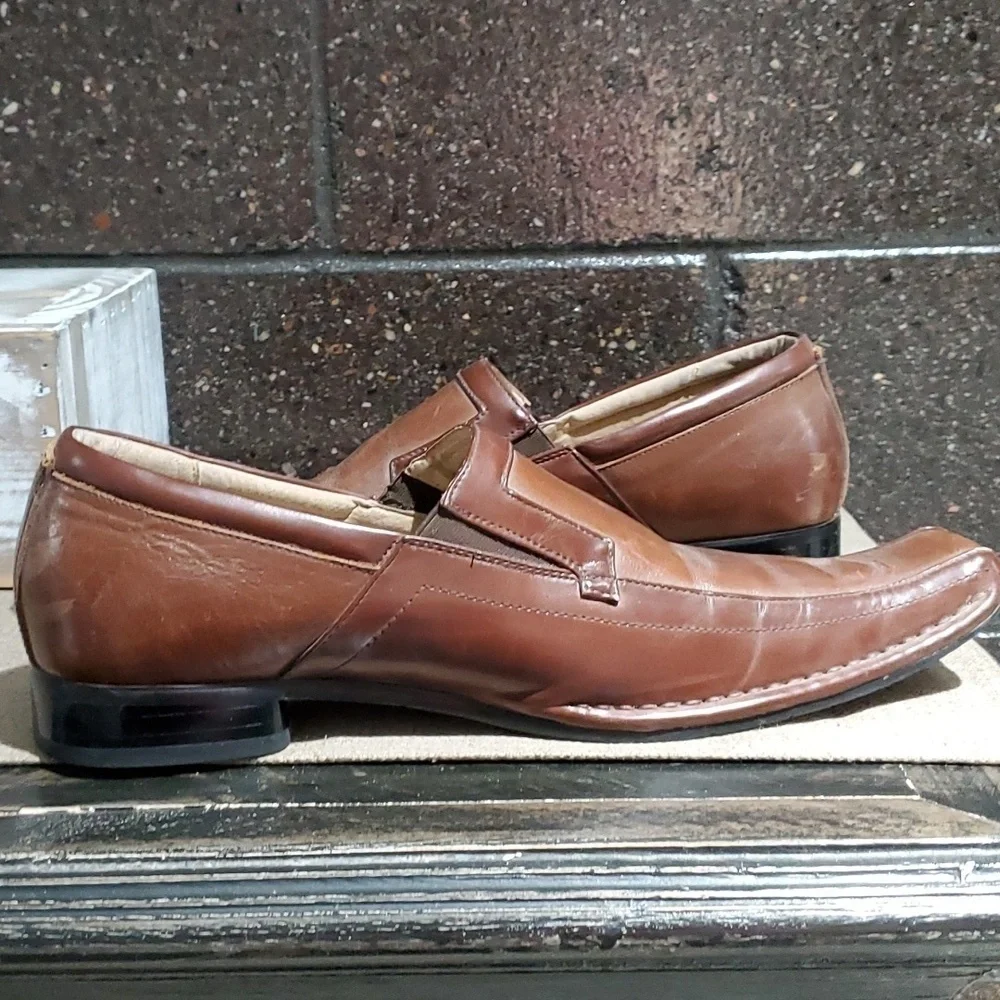 MENS DRESSY STACY ADAMS BROWN LEATHER SLIP ON SQUARE TOE LOAFERS SIZE 10